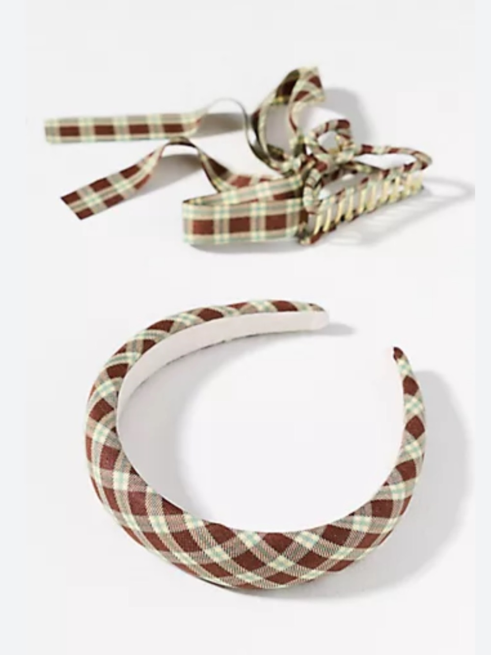 NWT Anthropologie Plaid Headband & Bow Hair Clip in Chocolate